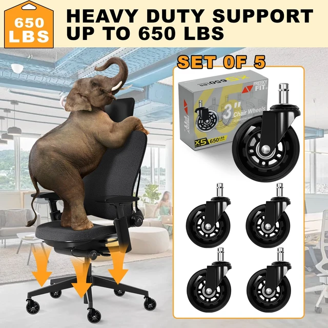 Alt view image 7 of 7 - Office Chair Wheels for Casters Replacement - 3" Rubber Wheels for Computer Gaming Desk Caster Smooth & Safe Rolling for All Floors Including Hardwood and Carpet - Set of 5 - Black
