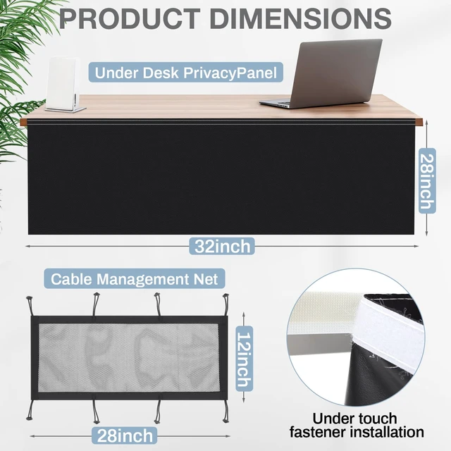 Alt view image 2 of 6 - 32" Under Desk Privacy Panel Self Adhesive Desk Curtain Skirt, Black with Cable Management Net, Oxford Fabric Modesty Panel for Standing Desks, Workstations & Home Offices