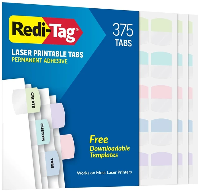 Main image of Laser Printable Tabs, Permanent Index Tabs, Customizable Adhesive Labels, Assorted Pastel Colors, 1.125" x 1.25", 375 Per Pack (1006791)