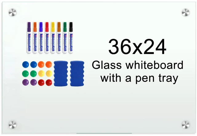Main image of Glass Magnetic Dry Erase Whiteboard 36"x24" for Wall, Frameless White Board, Includes 12 Magnets, 8 Markers and 2 Erasers