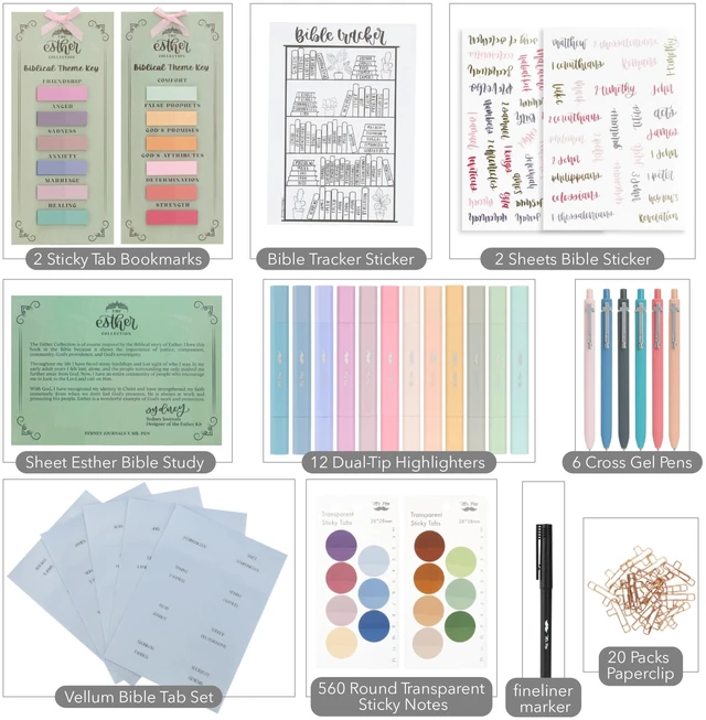 Alt view image 3 of 7 - Esther Bible Journaling Kit, Loaded Bible journaling Supplies, Highlighters, Pens, Vellum Bible Tabs, Sticky Notes, Sticker Sheets, Fineliner, Paperclips & Bible Study Guide