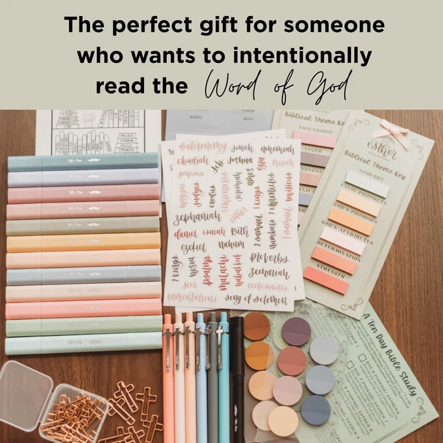 Alt view image 4 of 7 - Esther Bible Journaling Kit, Loaded Bible journaling Supplies, Highlighters, Pens, Vellum Bible Tabs, Sticky Notes, Sticker Sheets, Fineliner, Paperclips & Bible Study Guide