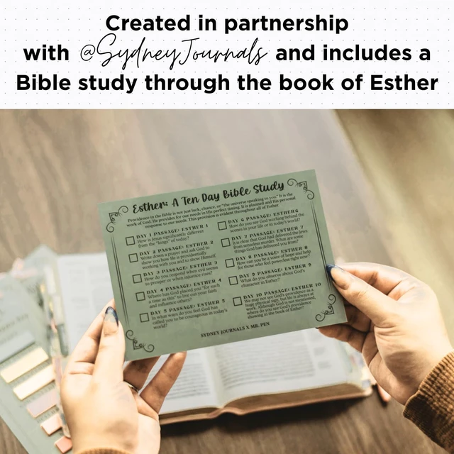 Alt view image 6 of 7 - Esther Bible Journaling Kit, Loaded Bible journaling Supplies, Highlighters, Pens, Vellum Bible Tabs, Sticky Notes, Sticker Sheets, Fineliner, Paperclips & Bible Study Guide