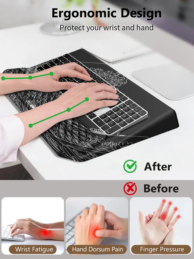 Alt view image 2 of 7 - 2-in-1 Ergonomic Keyboard Stand with Wrist Rest, Kanagawa Wave Comfy Keyboard Riser Holder with Massage Design, Non-Slip Base, Pain Relief for Typing