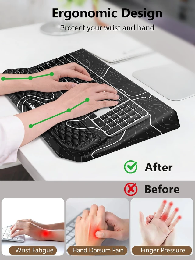Alt view image 2 of 7 - 2-in-1 Ergonomic Keyboard Stand with Wrist Rest, Black Topographic Comfy Keyboard Riser Holder with Massage Design, Non-Slip Base, Pain Relief for Typing