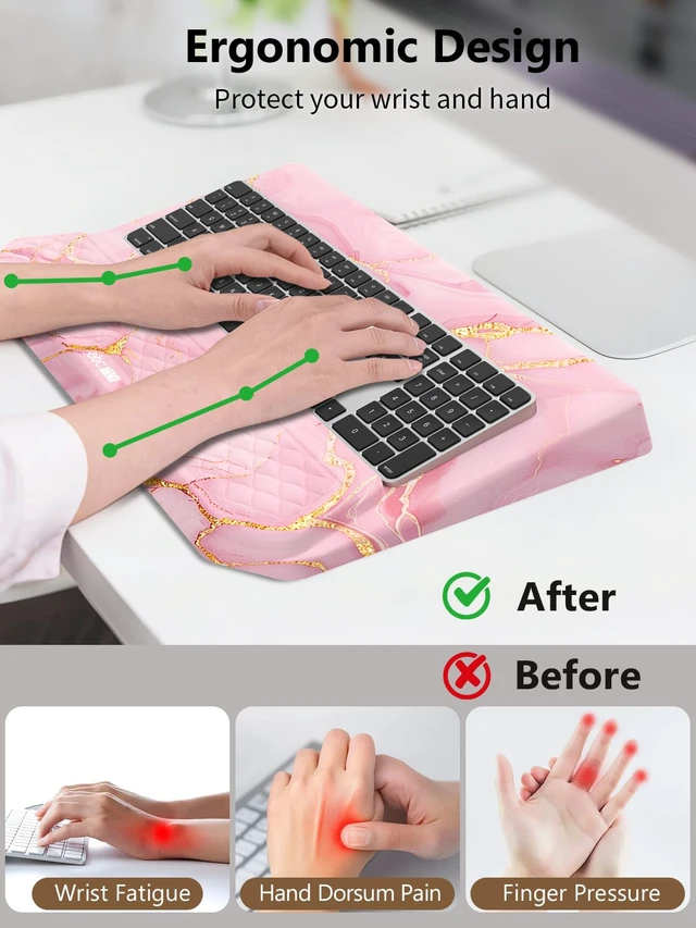 Alt view image 2 of 7 - 2-in-1 Ergonomic Keyboard Stand with Wrist Rest, Pink Marble Comfy Keyboard Riser Holder with Massage Design, Non-Slip Base, Pain Relief for Typing
