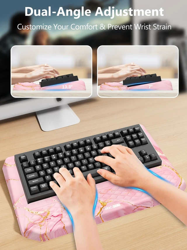Alt view image 3 of 7 - 2-in-1 Ergonomic Keyboard Stand with Wrist Rest, Pink Marble Comfy Keyboard Riser Holder with Massage Design, Non-Slip Base, Pain Relief for Typing