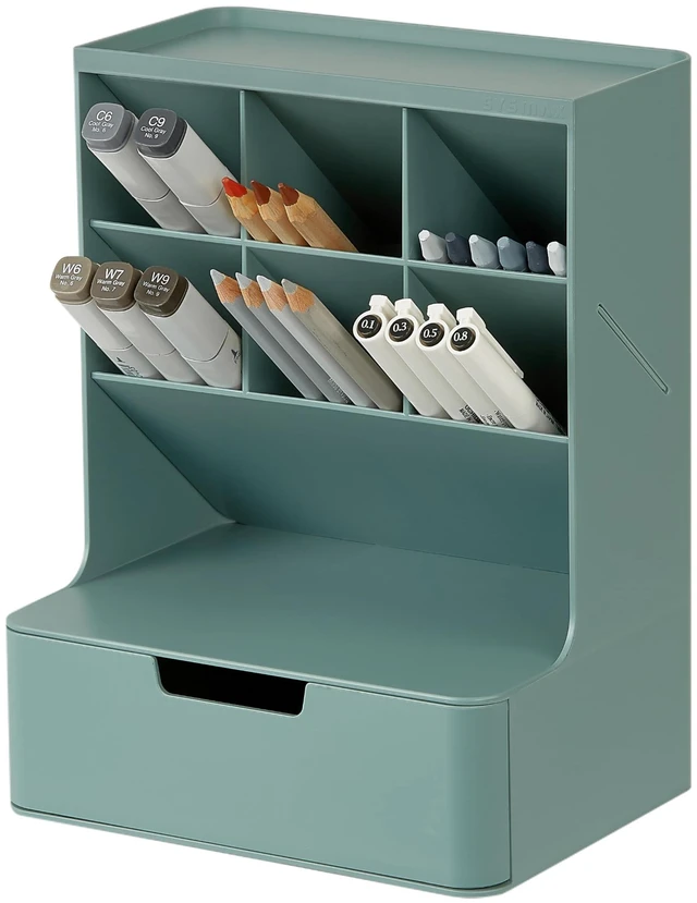 Main image of Hive Pen Desk Organizer, Green, Made in Korea 6 Compartments. Full Drawer. Everyday Storage