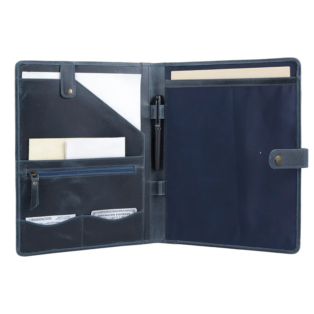 Alt view image 3 of 7 - Leather Portfolio Folder with Button Closure Business Padfolio for Professionals Vintage Organizer with Legal Pad Holder, Card Slots & Document Pockets (Blue)