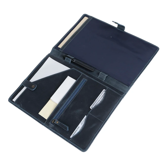 Alt view image 4 of 7 - Leather Portfolio Folder with Button Closure Business Padfolio for Professionals Vintage Organizer with Legal Pad Holder, Card Slots & Document Pockets (Blue)