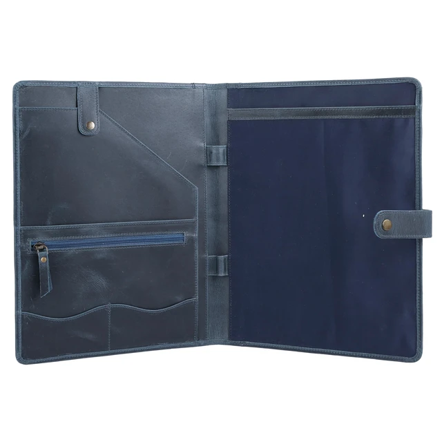 Alt view image 2 of 7 - Leather Portfolio Folder with Button Closure Business Padfolio for Professionals Vintage Organizer with Legal Pad Holder, Card Slots & Document Pockets (Blue)