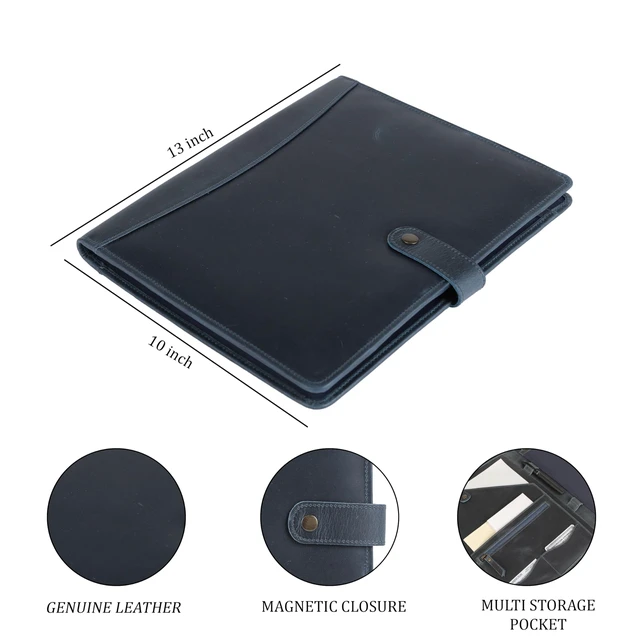 Alt view image 6 of 7 - Leather Portfolio Folder with Button Closure Business Padfolio for Professionals Vintage Organizer with Legal Pad Holder, Card Slots & Document Pockets (Blue)