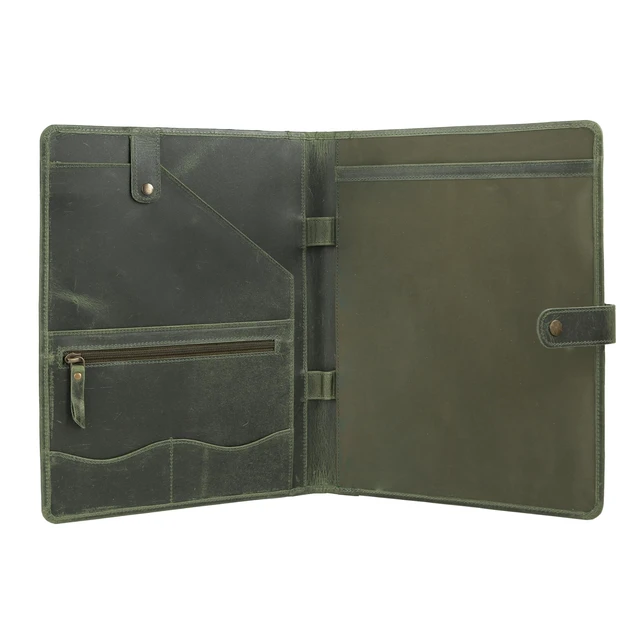 Alt view image 2 of 7 - Leather Portfolio Folder with Button Closure Business Padfolio for Professionals Vintage Organizer with Legal Pad Holder, Card Slots & Document Pockets (Green)