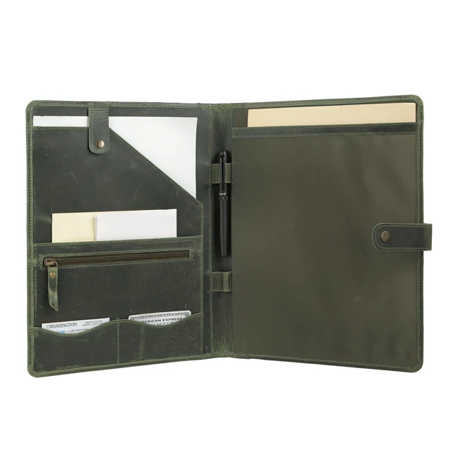 Alt view image 3 of 7 - Leather Portfolio Folder with Button Closure Business Padfolio for Professionals Vintage Organizer with Legal Pad Holder, Card Slots & Document Pockets (Green)