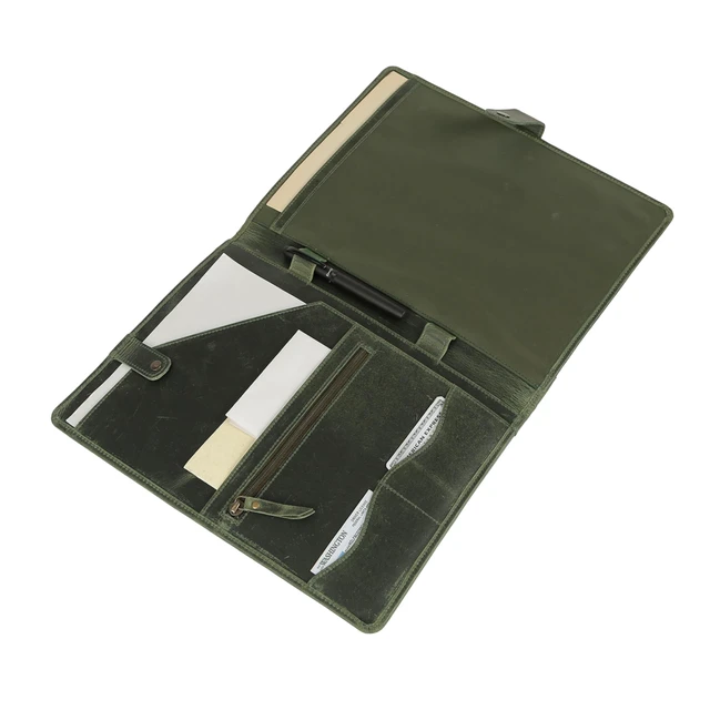 Alt view image 4 of 7 - Leather Portfolio Folder with Button Closure Business Padfolio for Professionals Vintage Organizer with Legal Pad Holder, Card Slots & Document Pockets (Green)