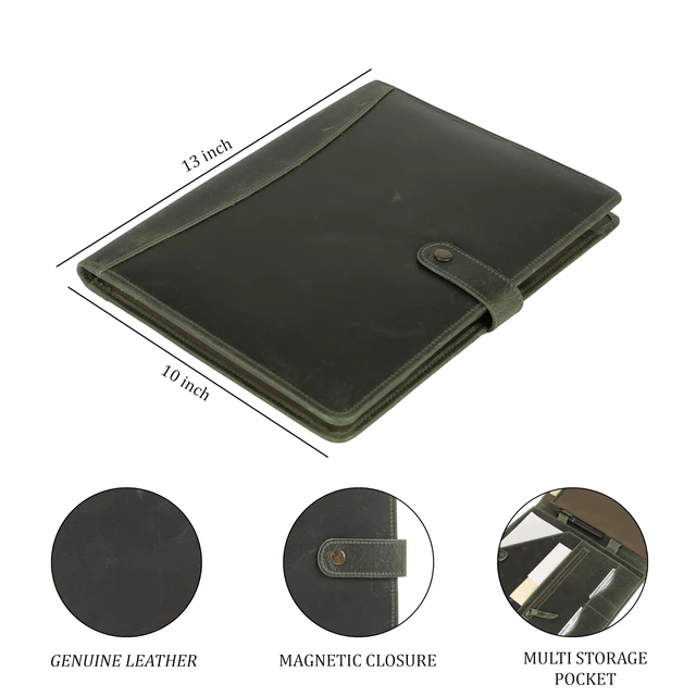 Alt view image 6 of 7 - Leather Portfolio Folder with Button Closure Business Padfolio for Professionals Vintage Organizer with Legal Pad Holder, Card Slots & Document Pockets (Green)