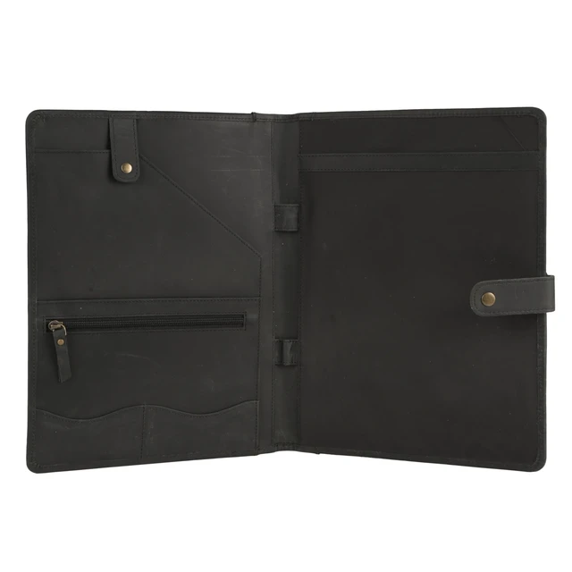 Alt view image 2 of 6 - Leather Portfolio Folder with Button Closure Business Padfolio for Professionals Vintage Organizer with Legal Pad Holder, Card Slots & Document Pockets (Black)