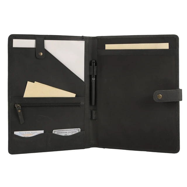 Alt view image 3 of 6 - Leather Portfolio Folder with Button Closure Business Padfolio for Professionals Vintage Organizer with Legal Pad Holder, Card Slots & Document Pockets (Black)