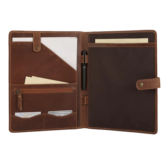 Alt view image 3 of 6 - Leather Portfolio Folder with Button Closure Business Padfolio for Professionals Vintage Organizer with Legal Pad Holder, Card Slots & Document Pockets (Serena)