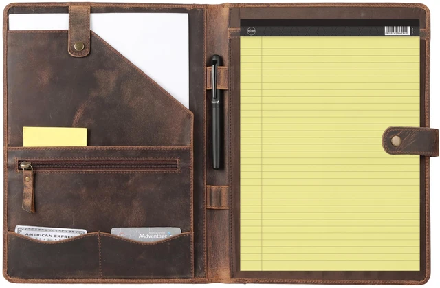 Main image of Leather Portfolio Folder with Luxury Pen and Button Closure Business Padfolio for Professionals Vintage Organizer with Legal Pad Holder & Card Slots (Distressed Tan)