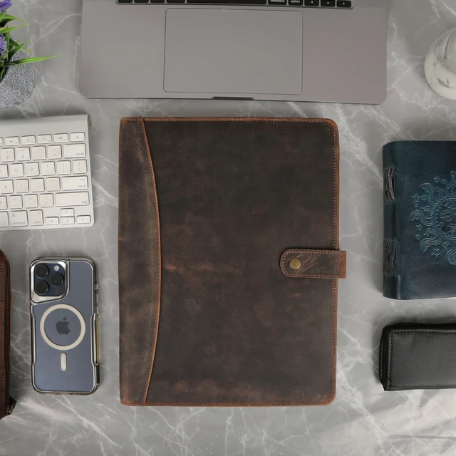Alt view image 7 of 7 - Leather Portfolio Folder with Luxury Pen and Button Closure Business Padfolio for Professionals Vintage Organizer with Legal Pad Holder & Card Slots (Distressed Tan)