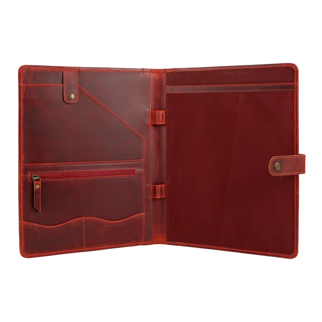 Alt view image 2 of 6 - Leather Portfolio Folder with Button Closure Business Padfolio for Professionals Vintage Organizer with Legal Pad Holder, Card Slots & Document Pockets (Red)