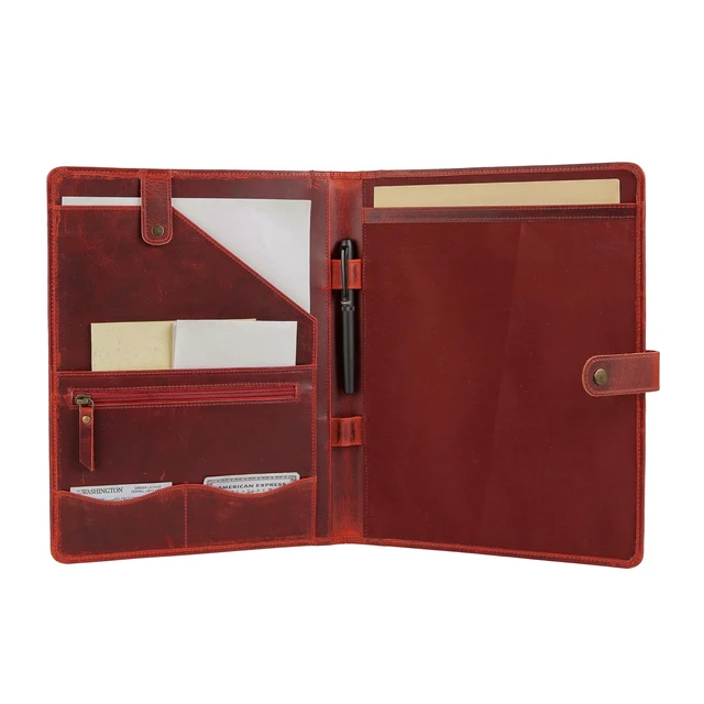 Alt view image 3 of 6 - Leather Portfolio Folder with Button Closure Business Padfolio for Professionals Vintage Organizer with Legal Pad Holder, Card Slots & Document Pockets (Red)