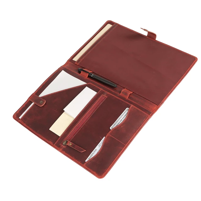 Alt view image 4 of 6 - Leather Portfolio Folder with Button Closure Business Padfolio for Professionals Vintage Organizer with Legal Pad Holder, Card Slots & Document Pockets (Red)