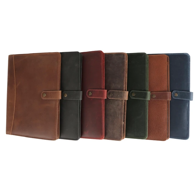 Alt view image 7 of 7 - Leather Portfolio Folder with Button Closure Business Padfolio for Professionals Vintage Organizer with Legal Pad Holder, Card Slots & Document Pockets (Blue)