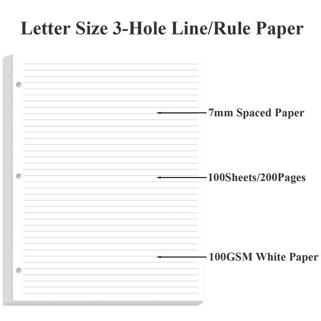 Alt view image 4 of 7 - (3-Pack) 3-Hole Line Paper Refills, Letter Size Loose-Leaf Paper, 300 Sheets/600 Pages, 100gsm White Paper, 8.5'' x 11''