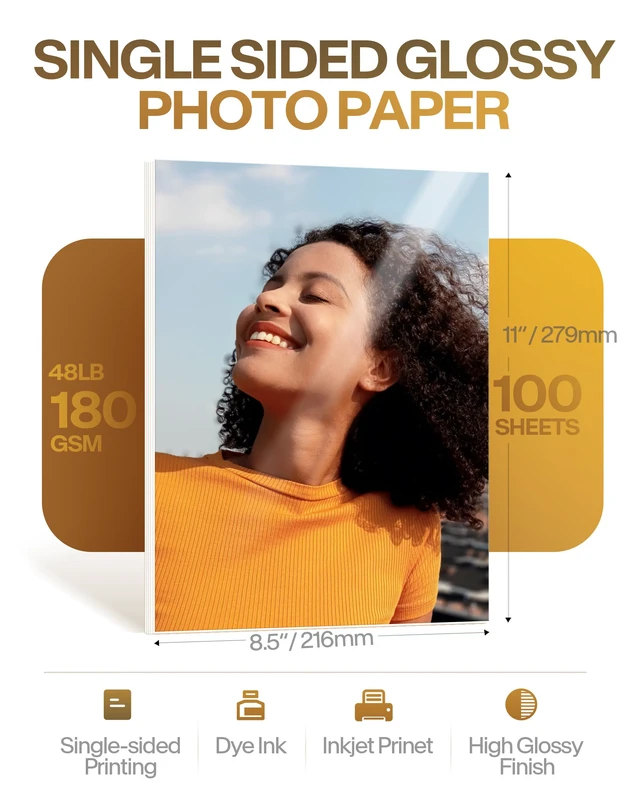 Alt view image 2 of 7 - Inkjet Glossy Photo Paper 48lb 8.5x11 inches 100 Sheets High Glossy Printer Paper 180gsm for Dye Ink, Fast Dry for Brochure Paper, Photographic Paper Compatible with Inkjet Printer