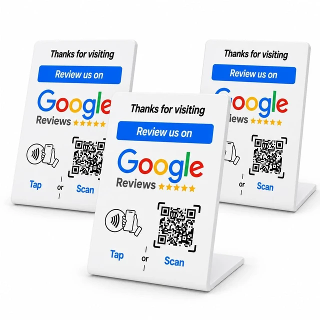 Main image of NFC Tap Google Review Stand, White, Large 5.1"x3.5", 3-STANDS Boost Customer Feedback, Tap & Scan QR, No App, No Subscription, Works on iPhone & Android