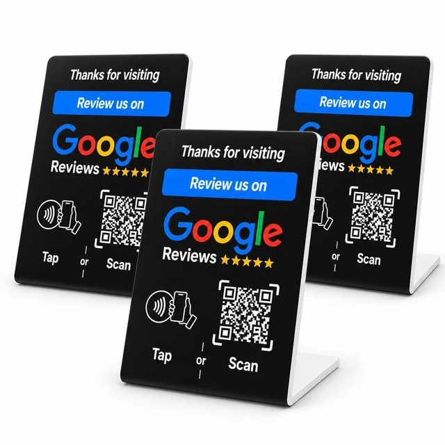 Main image of NFC Tap Google Review Stand, Black, Compact 4.3"x2.7", 3-STANDS Boost Customer Feedback, Tap & Scan QR, No App, No Subscription, Works on iPhone & Android