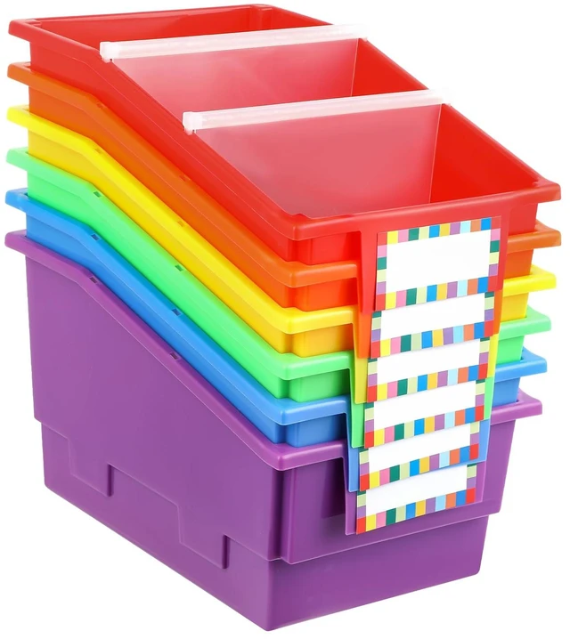 Main image of 6 Pack Picture Book Bins with Dividers Plastic Book Holders with Labels Stackable Classroom Organization Bins Magazine File Binder Holder Storage Container for Classroom Library Home Office(Colorful)