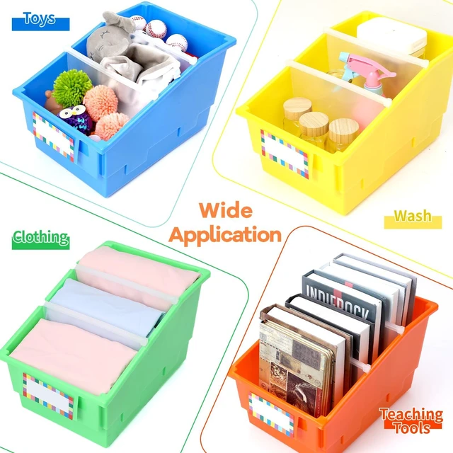 Alt view image 6 of 7 - 6 Pack Picture Book Bins with Dividers Plastic Book Holders with Labels Stackable Classroom Organization Bins Magazine File Binder Holder Storage Container for Classroom Library Home Office(Colorful)