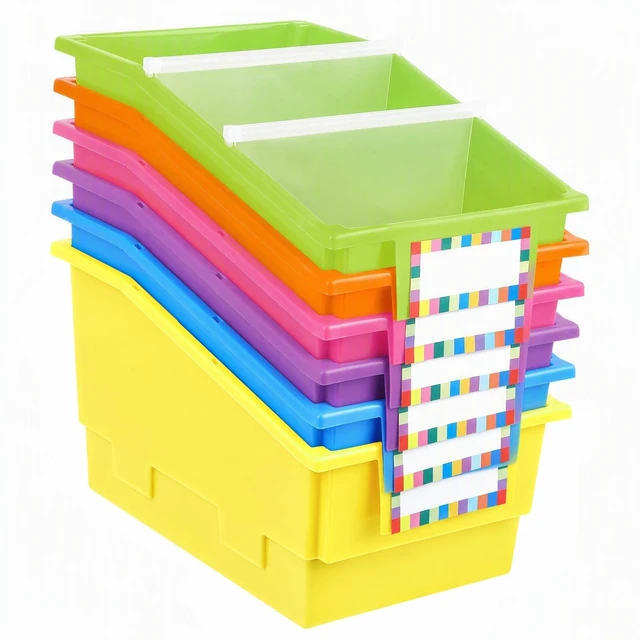 Main image of 6 Pack Picture Book Bins with Dividers Plastic Book Holders with Labels Stackable Classroom Organization Bins Magazine File Binder Holder Storage Container for Library Home Office(Fluorescent Color)