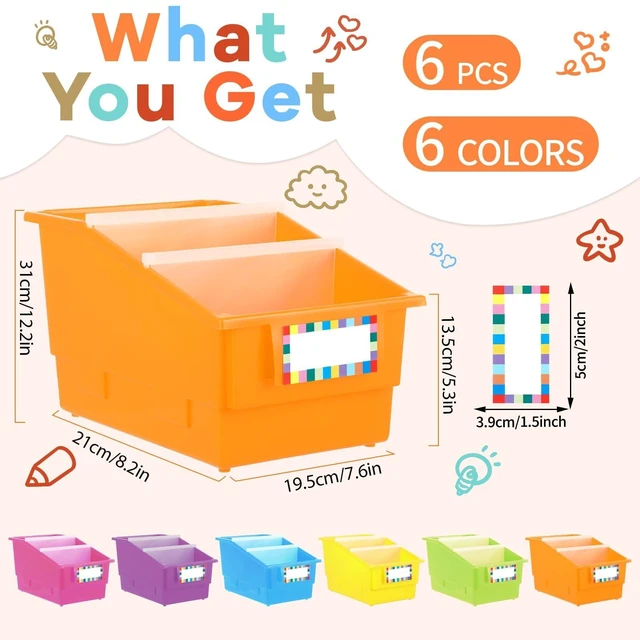 Alt view image 2 of 7 - 6 Pack Picture Book Bins with Dividers Plastic Book Holders with Labels Stackable Classroom Organization Bins Magazine File Binder Holder Storage Container for Library Home Office(Fluorescent Color)
