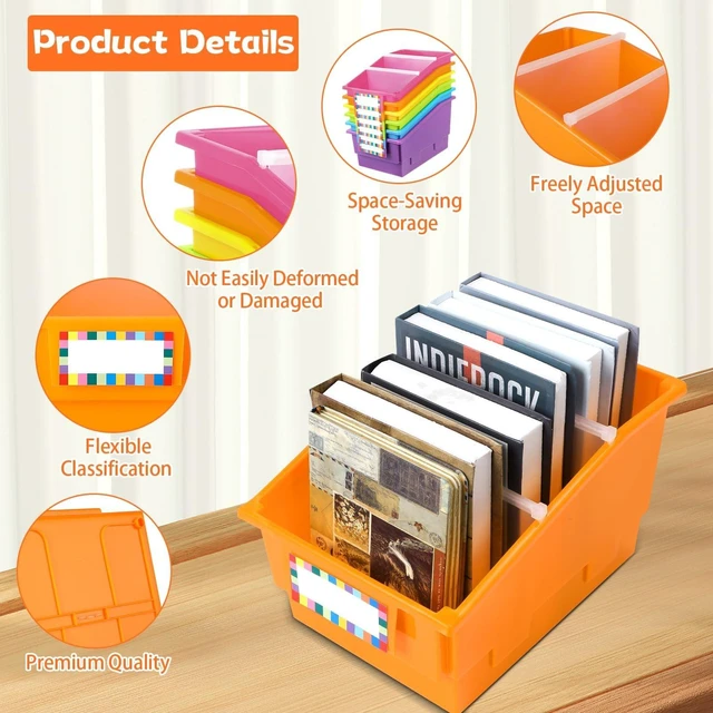 Alt view image 3 of 7 - 6 Pack Picture Book Bins with Dividers Plastic Book Holders with Labels Stackable Classroom Organization Bins Magazine File Binder Holder Storage Container for Library Home Office(Fluorescent Color)