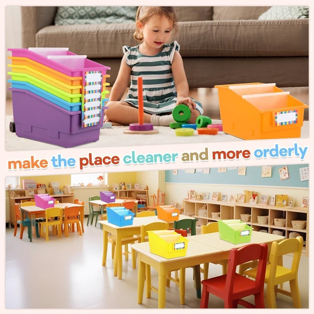 Alt view image 7 of 7 - 6 Pack Picture Book Bins with Dividers Plastic Book Holders with Labels Stackable Classroom Organization Bins Magazine File Binder Holder Storage Container for Library Home Office(Fluorescent Color)