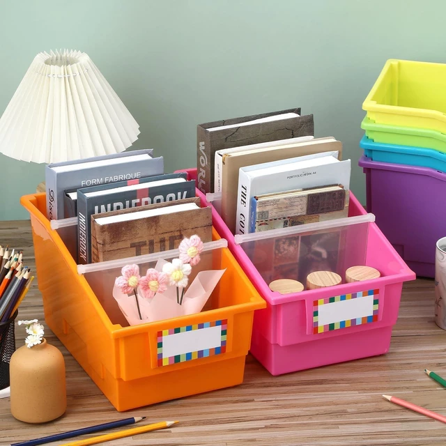 Alt view image 4 of 7 - 6 Pack Picture Book Bins with Dividers Plastic Book Holders with Labels Stackable Classroom Organization Bins Magazine File Binder Holder Storage Container for Library Home Office(Fluorescent Color)