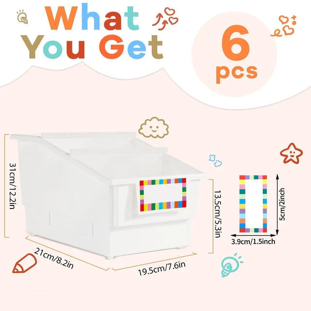 Alt view image 2 of 7 - 6 Pack Picture Book Bins with Dividers Plastic Book Holders with Labels Stackable Classroom Organization Bins Magazine File Binder Holder Storage Container for Classroom Library Home Office(White)