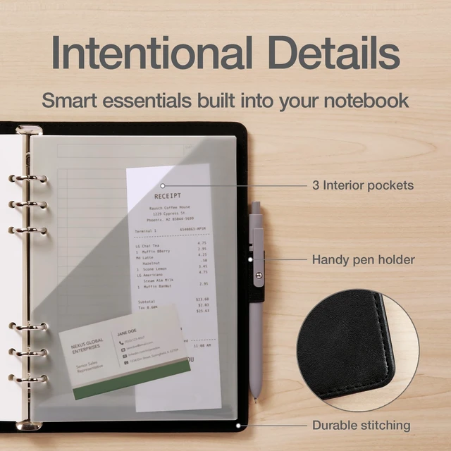 Alt view image 5 of 7 - 6-Ring Professional Notebook, 7 x 9 Inch, Refillable Notebook, Writing Journal, Ivory Paper, 100 Sheets, Black Faux Leather Cover (90004)