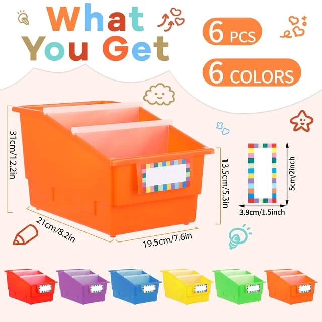 Alt view image 2 of 7 - 6 Pack Picture Book Bins with Dividers Plastic Book Holders with Labels Stackable Classroom Organization Bins Magazine File Binder Holder Storage Container for Classroom Library Home Office(Colorful)