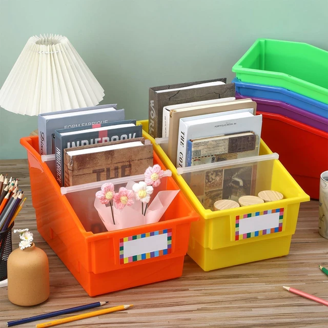 Alt view image 4 of 7 - 6 Pack Picture Book Bins with Dividers Plastic Book Holders with Labels Stackable Classroom Organization Bins Magazine File Binder Holder Storage Container for Classroom Library Home Office(Colorful)
