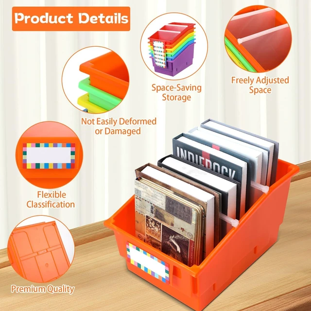 Alt view image 3 of 7 - 6 Pack Picture Book Bins with Dividers Plastic Book Holders with Labels Stackable Classroom Organization Bins Magazine File Binder Holder Storage Container for Classroom Library Home Office(Colorful)