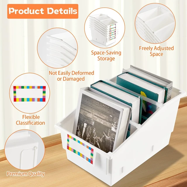 Alt view image 3 of 7 - 6 Pack Picture Book Bins with Dividers Plastic Book Holders with Labels Stackable Classroom Organization Bins Magazine File Binder Holder Storage Container for Classroom Library Home Office(White)