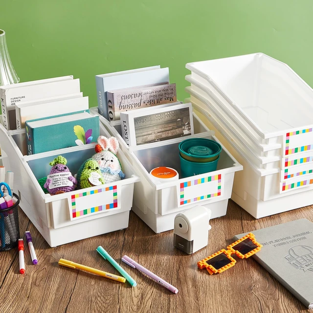 Alt view image 4 of 7 - 6 Pack Picture Book Bins with Dividers Plastic Book Holders with Labels Stackable Classroom Organization Bins Magazine File Binder Holder Storage Container for Classroom Library Home Office(White)