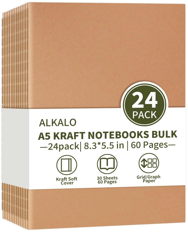 Main image of 24 Pack A5 Grid Kraft Notebooks Bulk, 8.3x5.5 Inches, Journaling Notebooks A5 Graph Paper Notebook, 30 Sheets/60 Pages, Travel Journal Notebooks Set for Work, School, Writing