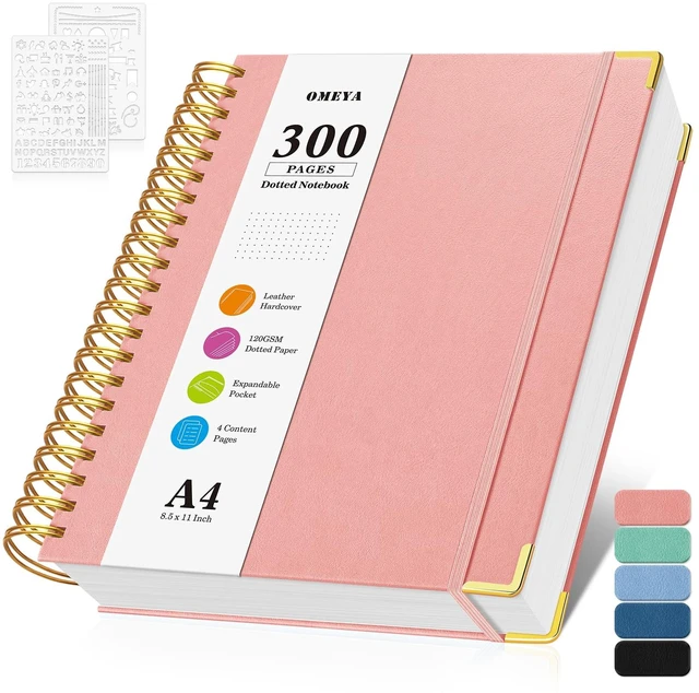 Main image of Bullet Dotted Journal Notebook, 300 Pages Leather Notebooks with Contens 120 GSM Thick No Bleed Through Paper Journals, A4 Large Dot Grid Spiral Notebook for Women Men Work Writing, 8.5" x 11", Pink