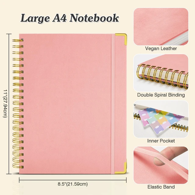 Alt view image 5 of 6 - Bullet Dotted Journal Notebook, 300 Pages Leather Notebooks with Contens 120 GSM Thick No Bleed Through Paper Journals, A4 Large Dot Grid Spiral Notebook for Women Men Work Writing, 8.5" x 11", Pink